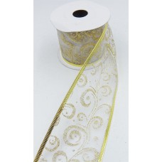 2.5 Inch Wired Christmas Ribbon with Gold Metallic Swirls on White Organga, 2-1/2 In. X 10 Yds (Lot of 1 Spool) SALE ITEM